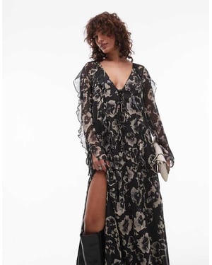 Topshop long sleeve ruffle midi dress in mono floral