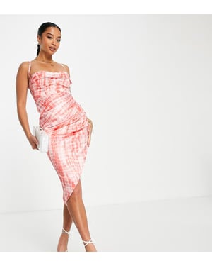 ASOS DESIGN Petite satin cowl bust wired corset ruched midi dress in pink tie dye