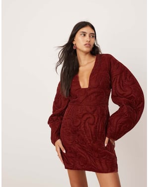 ASOS EDITION velvet embroidered quilted plunge mini dress with sleeve detail in burgundy