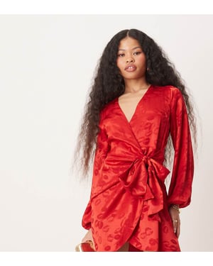 Never Fully Dressed Petite lip embossed satin wrap mini dress in red