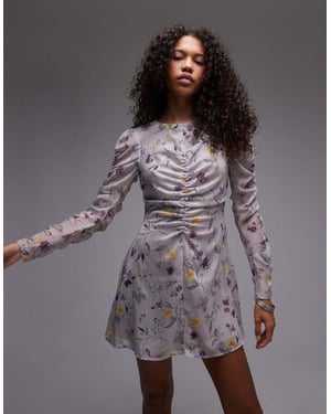 Topshop ruched front mini dress in grey vintage floral