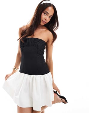 Forever New ruched colour block mini dress in black and cream
