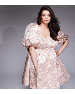 ASOS LUXE Curve jacquard puff sleeve mini dress with embellished bust detail in pink