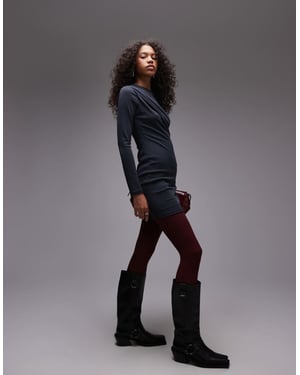 Topshop twist long sleeve mini dress in charcoal
