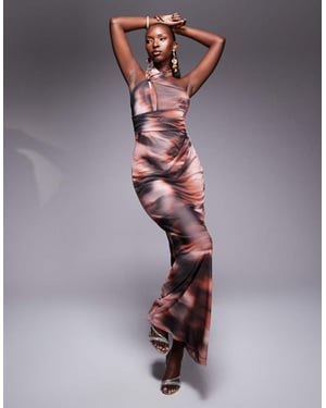 ASOS DESIGN halter cross front maxi dress in pink smudge print