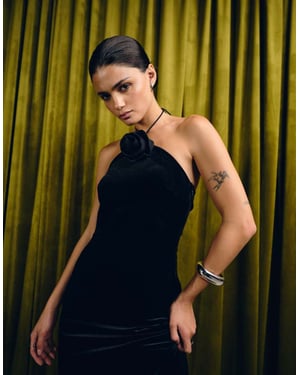 YAS velvet halterneck maxi dress with rosette in black