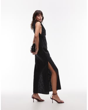 Topshop slash neck ruched side maxi dress in black jacquard