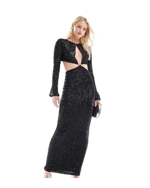 ASOS DESIGN Tall sequin long sleeve wrap around maxi dress with keyhole detail in black
