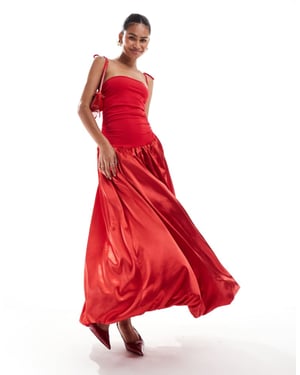 Amy Lynn Alexa shoulder tie maxi dress in red satin