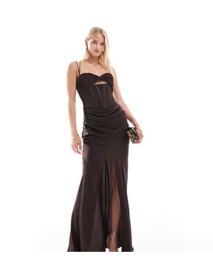 ASOS DESIGN Tall ruched corset maxi dress with ruffle skirt and strap details in chocolate brown