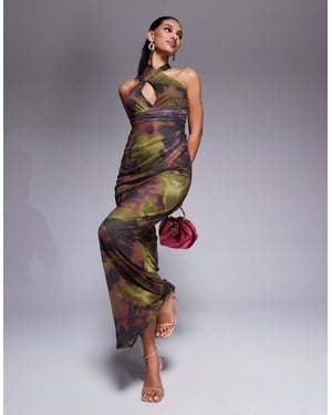 ASOS DESIGN halter cross front maxi dress in dark green & pink floral