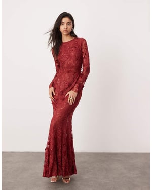 ASOS EDITION embroidered floral long sleeve lace open back maxi dress in burgundy