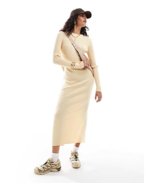 ASOS DESIGN knitted crew neck maxi dress in rib in cream