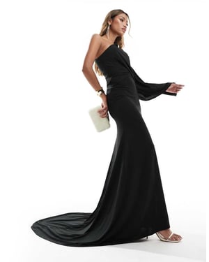 ASOS DESIGN one shoulder premium draped maxi dress with train detail in black