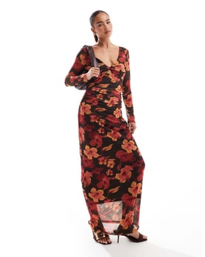 ONLY reversible maxi dress in dark brown floral
