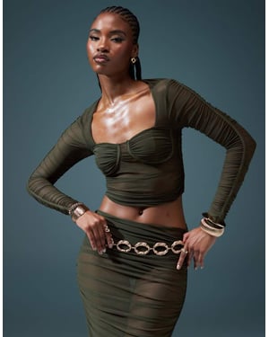 ASOS DESIGN co-ord ruched mesh bust cup top in khaki