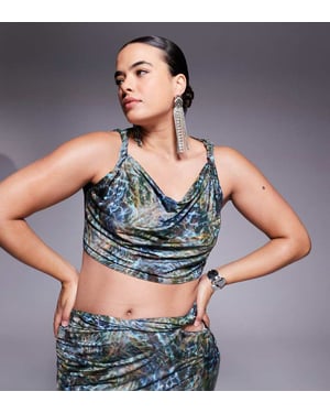 ASOS DESIGN Curve co-ord slinky twist shoulder top in blue print