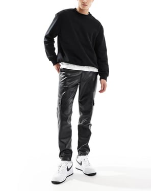 ASOS DESIGN tapered cargo leather look trousers in black