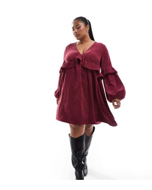 ASOS DESIGN curve cord smock mini dress with frill detail in burgundy