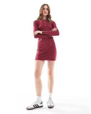 Miss Selfridge henley popper front long sleeve mini dress in burgundy