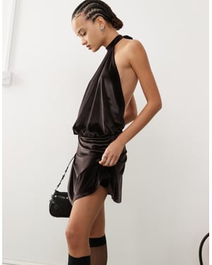 COLLUSION tie halter backless flippy mini dress in dark choc velvet