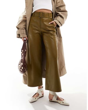 ASOS DESIGN faux leather belted trouser in khaki