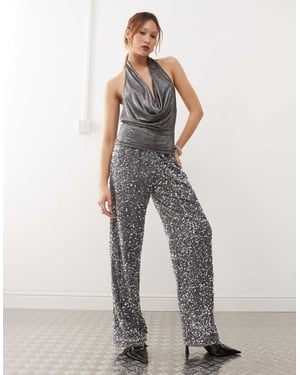 Noisy May wide leg sequin trouser in silver