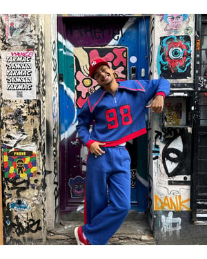 Labelrail x OliBrom straight leg joggers in blue and red co-ord