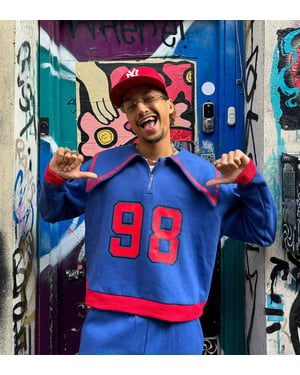 Labelrail x OliBrom dramatic collar quarter zip sweatshirt in blue and red co-ord