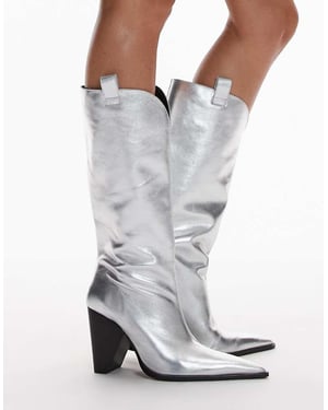 Topshop Remy premium leather heeled western boot in silver