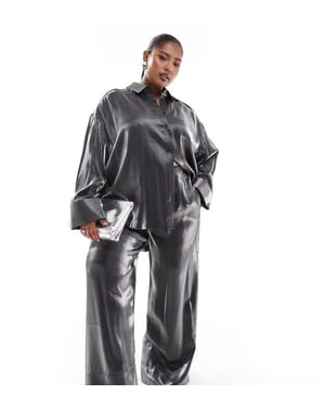 ASOS DESIGN Curve satin pull on trouser in silver co-ord