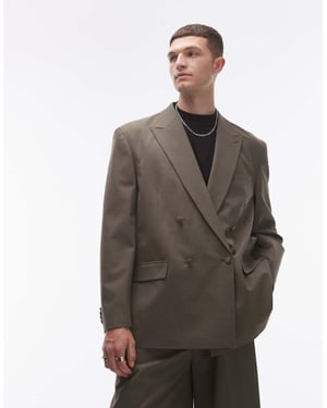 Topman relaxed deconstructed double breasted suit jacket in khaki