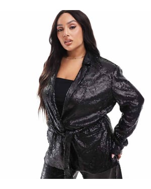 ASOS DESIGN Curve sequin tie waist blazer in black