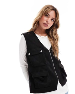 ASOS DESIGN suedette relaxed gilet with hardware details in black