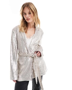 ASOS DESIGN sequin tie waist blazer in cream