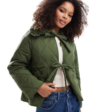 ASOS DESIGN quilted frill collar jacket with tie front in khaki