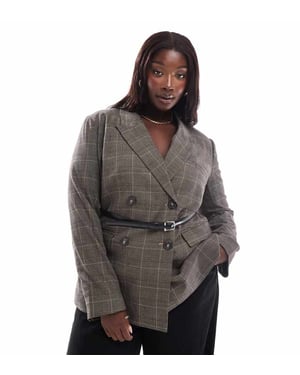 ASOS DESIGN Curve check blazer with faux leather belt