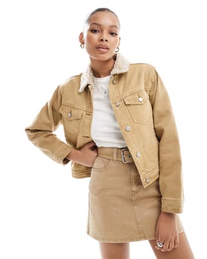 ASOS DESIGN denim borg jacket in wash camel co-ord