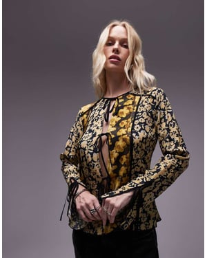 Topshop patchwork scarf print tie front bed jacket in yellow floral print
