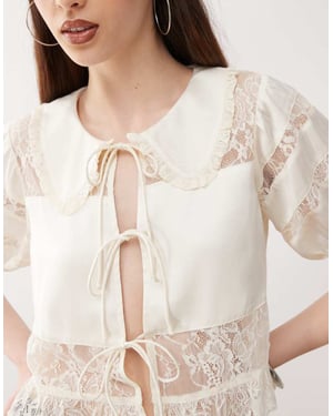 Reclaimed Vintage tea top with lace inserts and collar