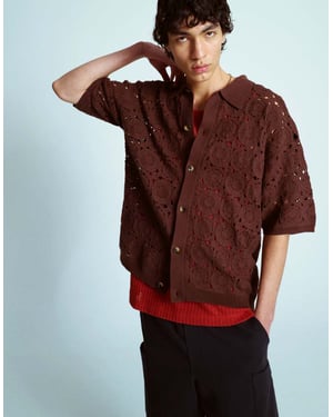 Topman relaxed floral crochet shirt in brown