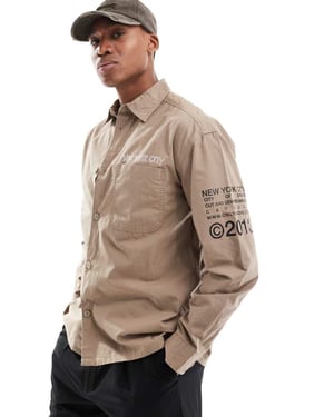 ONLY & SONS relaxed shirt with NYC prints in beige