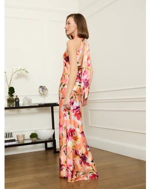 Margo Satin Floral Print Tie Neck Dress