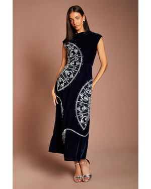 Sleeveless V Back Velvet Embellished Midi Dress