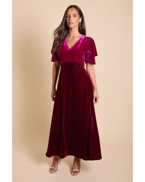 DP Luxe Velvet Double Flutter Colour Block Midi Dress