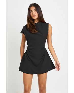 High Asymmetric Neck Ruched Waist Mini Dress