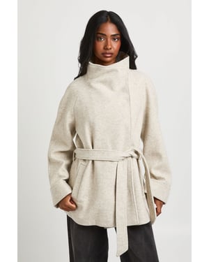 Funnel Neck Belted Wool Jacket