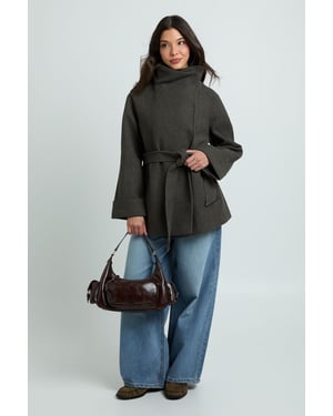Funnel Neck Belted Wool Jacket