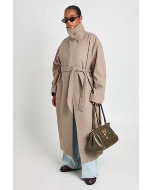 Plus Funnel Neck Belted Wool Look Coat