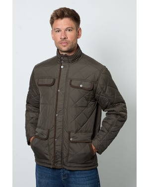 Brown Funnel Neck Four Pocket Diamond Quilted Jacket